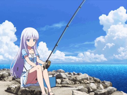 Cartoon Character Fishing On Rock In River GIF