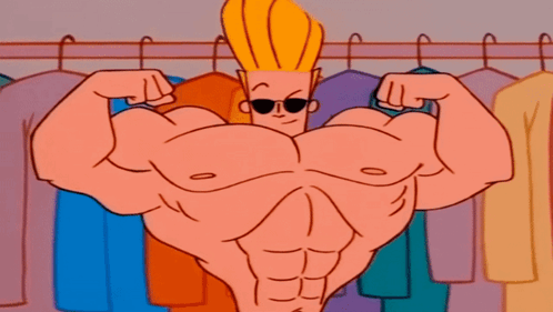 Cartoon Character Flexing Muscles At Clothes Racks GIF