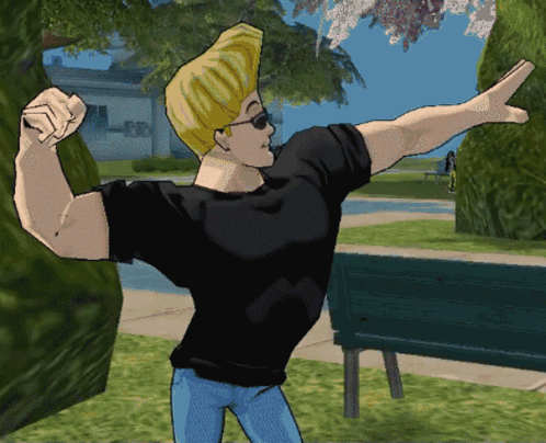 Cartoon Character Flexing Muscles in Front of Park Bench