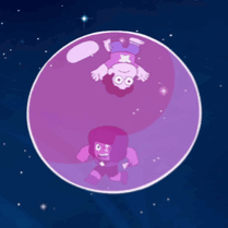 Cartoon Character Floating in Purple Bubble