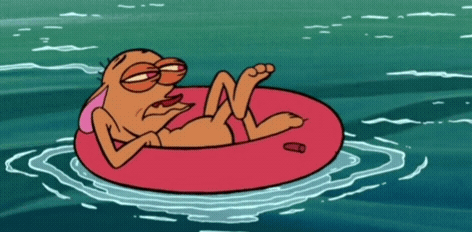 Cartoon Character Floating On Pink Raft GIF