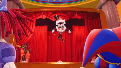 Cartoon Character Flying On Stage With Red Curtains GIF