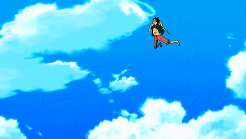 Cartoon Character Flying Through Blue Sky GIF