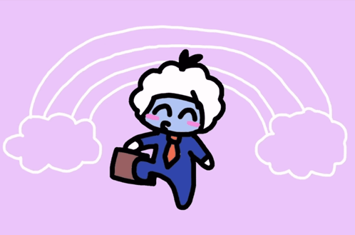 Cartoon Character Flying With Briefcase And Rainbow GIF
