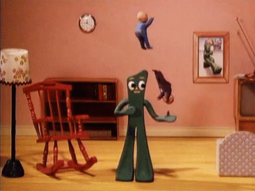 Cartoon Character Gumby Tossing Toys GIF