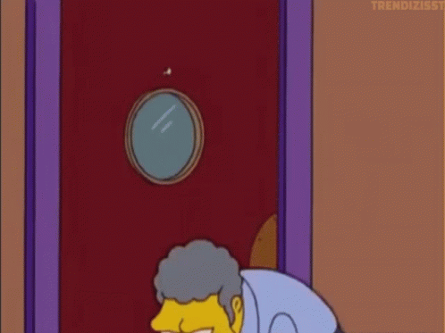 Cartoon Character Hanging Closed Sign on Red Door