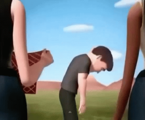 Cartoon Character Head Down in Field with Two Women