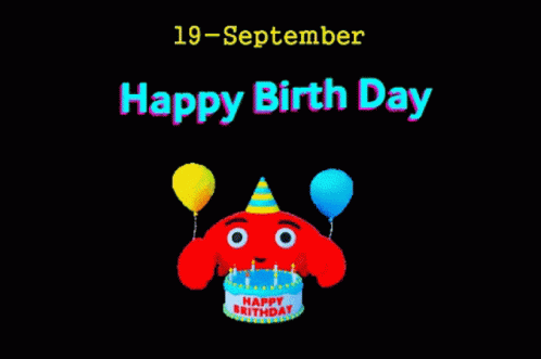 Cartoon Character Holding Balloons and Cake Saying Happy Birthday