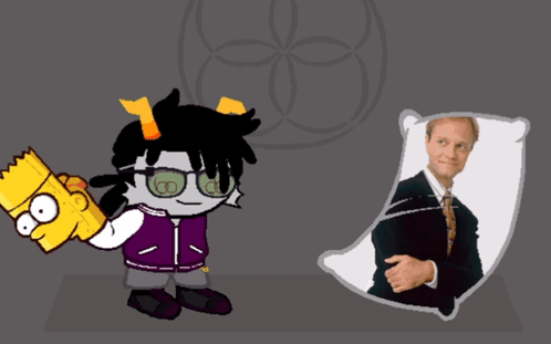 Cartoon Character Holding Bart Simpson's Head Next to Man in Suit and Tie