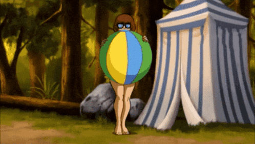 Cartoon Character Holding Beach Ball By Tent In Woods GIF