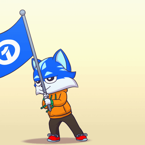 Cartoon Character Holding Blue Flag With White Circle Letter G