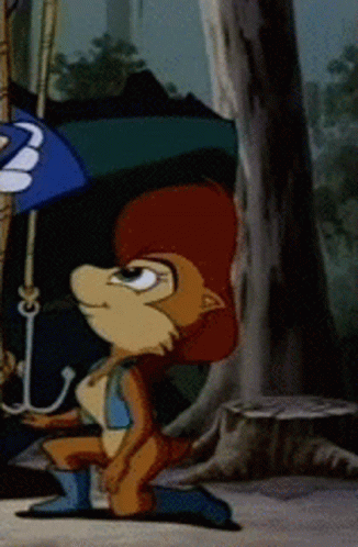 Cartoon Character Holding Blue Umbrella in Forest