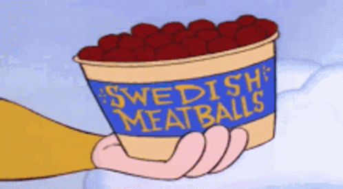 Cartoon Character Holding Bucket of Swedish Meatballs