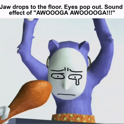 Cartoon Character Holding Chicken Leg Jaw Drops to the Floor