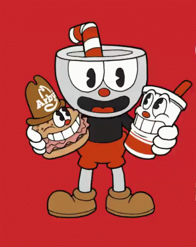Cartoon Character Holding Coffee and Hamburger