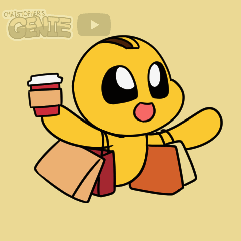 Cartoon Character Holding Coffee and Shopping Bags with Christopher's Genie