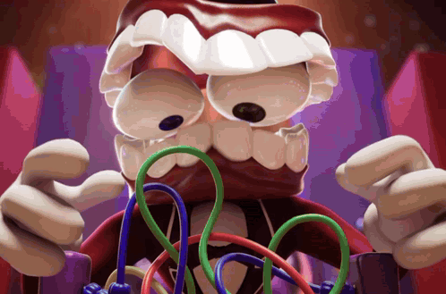Cartoon Character Holding Colorful Ropes in Mouth
