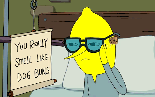 Cartoon Character Holding Cookie and Sign Saying You Smell Like Dog Buns