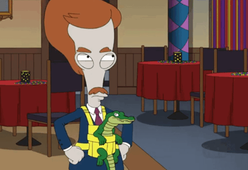 Cartoon Character Holding Crocodile in Restaurant