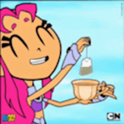 Cartoon Character Holding Cup Of Tea And Tea Bag GIF