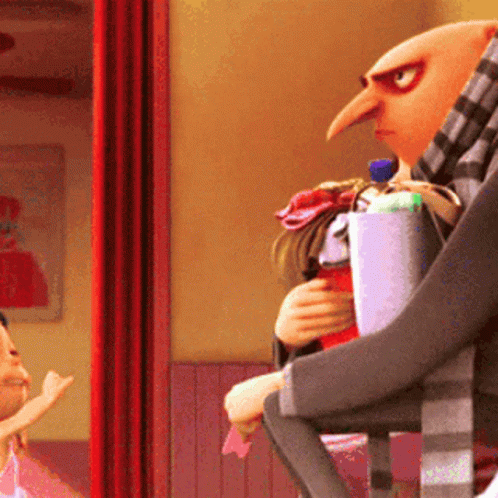 Cartoon Character Holding Doll and Bottle