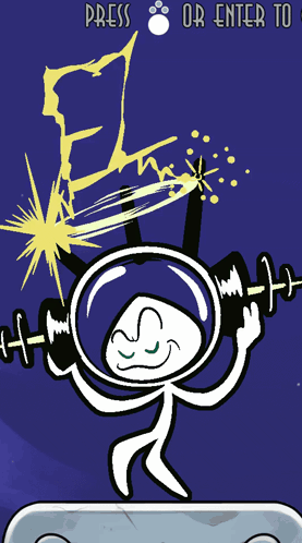 Cartoon Character Holding Dumbbell With Lightning Bolt Saying Press or Enter