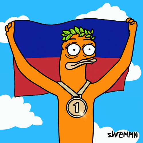 Cartoon Character Holding Flag Wearing Medal Number 1