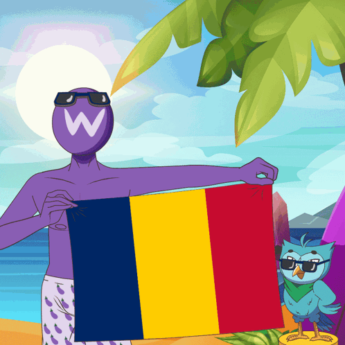 Cartoon Character Holding Flag with W
