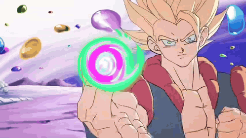 Cartoon Character Holding Green and Pink Object