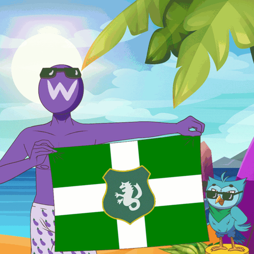 Cartoon Character Holding Green and White Crested Flag