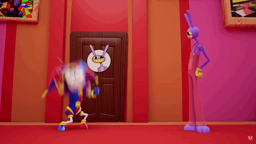 Cartoon Character Holding Hammer in Front of Rabbit Door