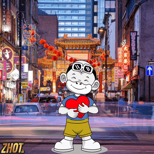 Cartoon Character Holding Heart in Street
