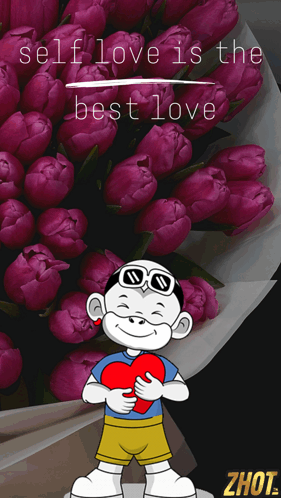 Cartoon Character Holding Heart With Purple Flowers