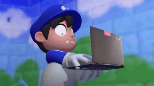 Cartoon Character Holding Laptop with Nintendo Sticker