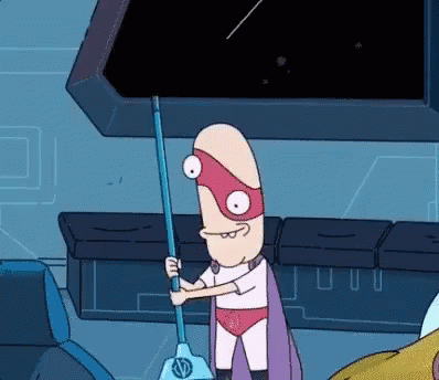 Cartoon Character Holding Mop in Red Cape