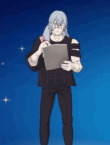 Cartoon Character Holding Paper on Blue Background