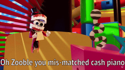 Cartoon Character Holding Paper Saying Oh Zooble You Mis-Matched Cash Piano