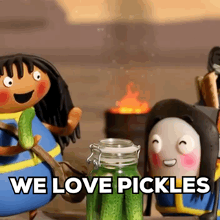 Cartoon Character Holding Pickle by Pickle Jar Saying We Love Pickles