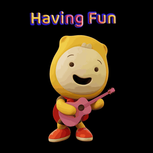 Cartoon Character Holding Pink Guitar Having Fun
