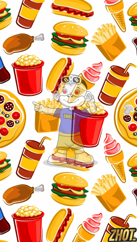 Cartoon Character Holding Popcorn Bucket and Pizza