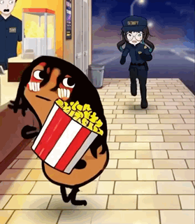 Cartoon Character Holding Popcorn, Security Guard Runs Behind