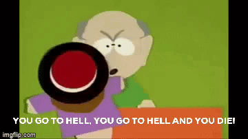 Cartoon Character Holding Red Button You Go to Hell