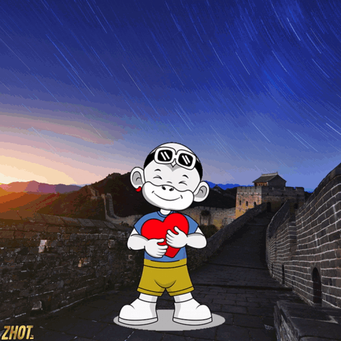 Cartoon Character Holding Red Heart at Great Wall