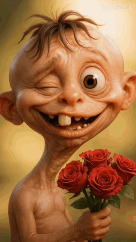 Cartoon Character Holding Red Roses
