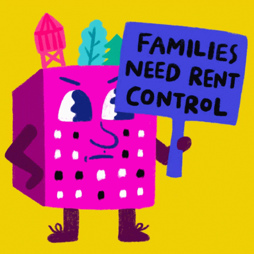 Cartoon Character Holding Rent Control Sign GIF
