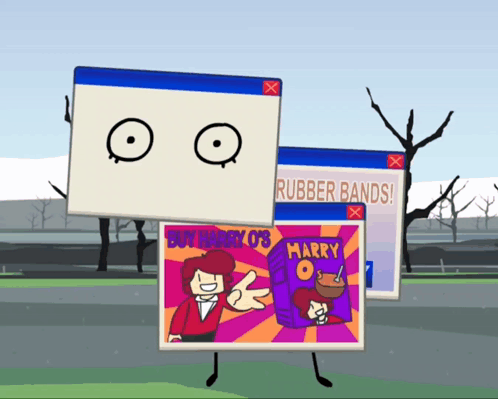 Cartoon Character Holding Sign Saying Buy Harry 07'S Rubber Bands GIF