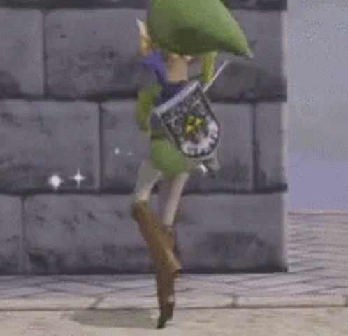 Cartoon Character Holding Sword On Sidewalk GIF