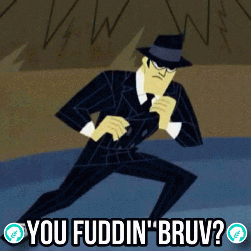 Cartoon Character Holding Sword Saying You Fuddin Bruv