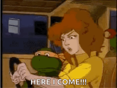 Cartoon Character Holding Turtle Saying Here I Come
