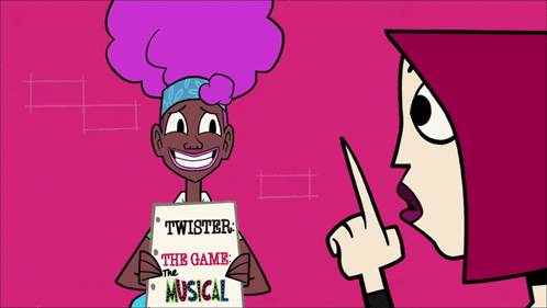 Cartoon Character Holding Twister the Game the Musical Sign